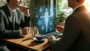 Une image réaliste de deux personnes discutant de recrutement dans un café.
