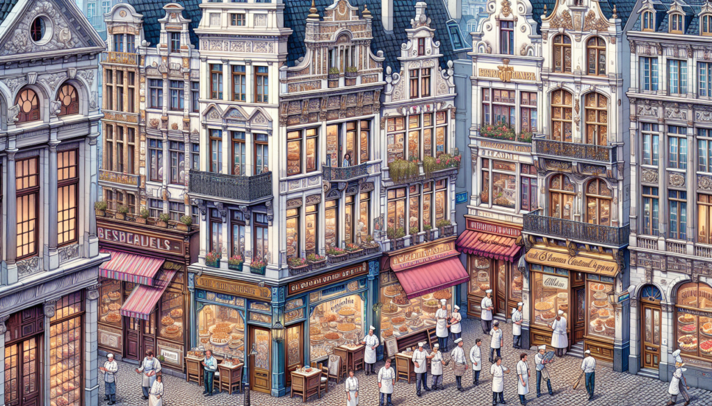 Paysage urbain détaillé de Bruxelles, grouillant d'architecture historique et de rues pavées. De multiples façades de restaurants bordent les rues, chacune présentant un genre culinaire distinct - des gaufres belges à la cuisine française. Devant chaque restaurant se tient un chef dans son attirail distinctif, prêt à accueillir les clients. Diversifions ces chefs : pour le premier restaurant, une cheffe asiatique, occupée à organiser son équipe ; pour le second, un sous-chef hispanique, expliquant avec enthousiasme le menu du jour aux passants ; pour le troisième, une pâtissière moyen-orientale, appliquant délicatement le glaçage sur un dessert pour l'étalage de la vitrine. Les rues de la ville sont animées par les arômes de la cuisine et le bruit des conversations.