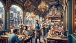 Article de blog, JobXtra.be Une scène animée de restaurant située à Uccle, en Belgique. L'intérieur du restaurant reflète le charme architectural de la région, orné de tables en bois rustique et de lustres baroques. Des clients sont éparpillés ici et là, plongés dans des conversations joyeuses autour de leurs repas. Le personnel comprend un serveur caucasien masculin portant un plateau de boissons à une table où est assis un couple du Moyen-Orient. Les autres membres du personnel, une femme d'origine sud-asiatique qui s'occupe des paiements à la caisse, un cuisinier noir affairé dans la cuisine ouverte, et une serveuse hispanique assurant le service en salle, sont tous activement engagés dans leurs fonctions, garantissant une expérience de restauration fluide pour tous.