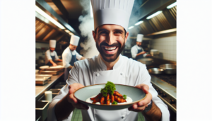 Un chef cuisinier masculin du Moyen-Orient au cœur palpitant d'une cuisine de restaurant. Il s'affaire avec joie en présentant un plat magnifiquement dressé, un air d'immense fierté sur le visage. Le plat dégage de la vapeur, signifiant qu'il vient d'être préparé. La cuisine autour de lui bourdonne d'activité, indiquant une journée typique dans le restaurant. Son uniforme est net, blanc et complété par une toque de chef élevée, convenant à son expertise gastronomique.