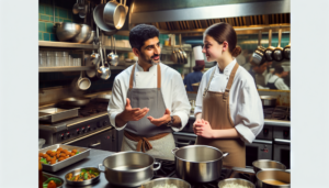 Un chef cuisinier masculin du Moyen-Orient, vêtu d'un uniforme traditionnel de chef, communique de manière instructive avec une stagiaire caucasienne dans la cuisine animée d'un restaurant situé à Ixelles. La cuisine est en effervescence d'activité, équipée d'appareils en acier inoxydable brillants, de casseroles et de poêles suspendues aux supports et d'ingrédients frais éparpillés sur les comptoirs. Le chef démontre une technique culinaire particulière, avec confiance et assurance dans son expression. La stagiaire, vêtue d'un uniforme de chef similaire, observe attentivement son mentor et prend note de ses précieux conseils.