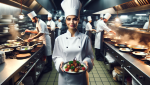 Une cheffe du Moyen-Orient, vêtue d'un uniforme de chef classique blanc et coiffée d'un chapeau, se tient fièrement dans la cuisine animée d'un restaurant. Elle présente un plat somptueusement préparé, peut-être une spécialité de la maison, impeccablement garni. La cuisine est un véritable foyer d'activité, avec des chefs de différentes origines, genres et âges - hispaniques, noirs, asiatiques, hommes, femmes, jeunes et seniors - qui cuisinent et préparent des plats. L'environnement dépeint une image vivante d'excitation culinaire alors que les brûleurs flamboient, les casseroles bouillonnent et l'air est empli d'un éventail d'arômes alléchants.