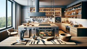 Article de blog, JobXtra.be Visualisez une cuisine moderne à Schaerbeek, qui mélange magnifiquement les outils et techniques culinaires traditionnels et contemporains. La cuisine est équipée d'appareils de pointe à côté d'outils classiques tels qu'un mortier et un pilon en bois. Des gadgets technologiquement avancés comme une machine sous-vide se trouvent à côté d'une planche à découper traditionnelle et d'un couteau de chef. L'esthétique générale de la pièce devrait inspirer un sentiment d'harmonie entre les méthodes culinaires anciennes et nouvelles, signifiant que malgré l'avancement de la technologie, les techniques traditionnelles conservent leur place dans le monde culinaire.