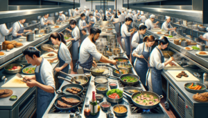 Article de blog, JobXtra.be Une cuisine de restaurant animée aux heures de pointe. Plusieurs chefs de différentes origines et de différents sexes préparent des repas, leurs tabliers couverts de taches de nourriture. D'un côté, une femme hispanique fait sauter des légumes dans une poêle crépitante tandis qu'un homme caucasien hache méticuleusement des herbes fraîches. De l'autre côté, un homme asiatique se concentre sur la grillade de succulents steaks et une femme du Moyen-Orient remue des pâtes dans une grande marmite. Pendant ce temps, des serveurs de diverses origines et des deux sexes s'affairent autour de la cuisine, coordonnant les commandes et les affectations de tables. L'air est rempli des sons et des arômes de plats délicieux en préparation.