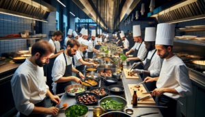 Une cuisine de restaurant moderne et animée située à Uccle, en Belgique. Plusieurs chefs de diverses origines, tels que caucasienne, noire, hispanique et moyen-orientale, préparent les plats avec diligence. Ils portent des uniformes distincts - chemises blanches, pantalons noirs et tabliers, ainsi que leurs toques de chef respectives. On les voit s'affairer à différentes tâches, coupant des légumes, grillant de la viande et assemblant des assiettes gastronomiques. L'atmosphère est remplie du bruit des poêles qui crépitent, des couteaux qui hachent et des conversations à voix basse. La cuisine brille sous les lumières vives se reflétant sur les équipements en acier inoxydable.