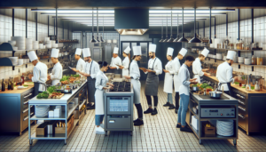 Article de blog, JobXtra.be Vue intérieure d'une cuisine de restaurant moderne animée par les activités d'un groupe diversifié de chefs, représentant différentes origines telles que caucasienne, hispanique, noire, moyen-orientale et sud-asiatique. Il y a un équilibre entre les chefs hommes et femmes, tous habillés professionnellement en uniformes de chef blancs et impeccables. Ils utilisent efficacement des technologies de cuisson avancées telles que des plaques à induction, et des appareils de cuisson de précision comme les machines sous-vide. Les chefs démontrent des pratiques durables telles que le compostage et l'utilisation d'ingrédients locaux. Des appareils en acier inoxydable élégants, des surfaces carrelées propres et des produits frais et vibrants caractérisent l'environnement.