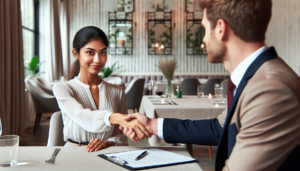 Article de blog, JobXtra.be Une candidate sud-asiatique confiante serre fermement la main d'un manager de restaurant caucasien lors d'un entretien d'embauche. Les deux parties portent une tenue professionnelle et dégagent une énergie positive, créant une ambiance de dialogue amical et axé sur la carrière. En arrière-plan, on trouve des éléments qui soulignent le cadre : des tables et des chaises soigneusement arrangées, ainsi que des décorations intérieures aux tons doux et de bon goût, qui indiquent qu'il s'agit d'un établissement de restauration fine.