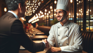 Un individu du Moyen-Orient, vêtu d'une tenue professionnelle élégante, serre la main d'une cheffe hispanique dans un restaurant haut de gamme et animé. Les lumières sont douces, créant une ambiance chaleureuse, et on peut discerner une touche d'anxiété sur le visage du candidat, mêlée d'anticipation. La cheffe, habillée impeccablement en tenue traditionnelle de chef blanche, affiche un sourire rassurant. Ils sont en plein entretien d'embauche, la poignée de main symbolisant un moment de connexion critique entre l'employeur potentiel et l'employé.