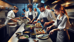 Une scène animée de cuisine de restaurant à Molenbeek avec une équipe dynamique de professionnels de la gastronomie. Une cheffe caucasienne filete habilement un poisson, son couteau glissant aisément à travers les écailles. Un sous-chef noir remue un pot de soupe aromatique qui mijote, les ingrédients dansant vivement dans le pot. Sur le côté, une serveuse sud-asiatique organise soigneusement les plats préparés sur le comptoir, son efficacité évidente. Un plongeur hispanique nettoie consciencieusement les assiettes, assurant un approvisionnement constant en vaisselle propre. Leurs efforts concertés donnent de l'âme à la nourriture et de l'ambiance à l'espace.