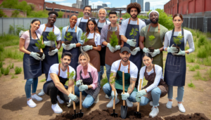 Une équipe soudée de personnel de restaurant et de magasin de détail, représentant un mélange de genres et d'origines, incluant des personnes hispaniques, noires, moyen-orientales, sud-asiatiques et blanches, engagée dans une initiative de responsabilité sociale d'entreprise. Ils travaillent ensemble dans un cadre extérieur, plantant habilement une variété de jeunes arbres. Certains portent des tabliers signifiant leur rôle, tandis que d'autres sont en tenue décontractée. Leurs visages expriment la satisfaction et l'engagement envers cette initiative écologique. L'arrière-plan révèle un paysage semi-urbain, indiquant l'équilibre entre leur environnement professionnel et leur volonté d'améliorer le monde naturel.