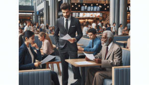 Un food court moderne et animé rempli de diverses personnes en tenue professionnelle. Un homme caucasien portant un costume gris anthracite vérifie discrètement un papier soigneusement plié, qui, à y regarder de plus près, semble être un CV. Une femme sud-asiatique, vêtue d'un élégant tailleur-pantalon bleu marine, discute de quelque chose d'important avec un monsieur âgé noir, tous deux tenant des papiers bien organisés, qui s'avèrent également être des CV. À une table non loin, une jeune femme hispanique vêtue d'un chemisier de couleur claire et d'une jupe foncée tient nerveusement son CV. La scène dépeint un mélange diversifié d'ethnicités, de genres et d'âges.