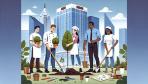 Article de blog, JobXtra.be Imaginez une scène où un groupe hétérogène de membres du personnel de restaurant et de magasin de détail participe activement à une initiative sociale. Cela comprend un chef cuisinier homme caucasien, une caissière asiatique, un gérant de magasin homme noir et une barista hispanique, tous engagés dans l'acte de planter des arbres. Autour d'eux, divers outils pour la plantation d'arbres sont éparpillés sur le sol. À l'arrière-plan, il y a le bâtiment de l'entreprise, arborant une bannière affichant le slogan de leur campagne environnementale. L'atmosphère est animée, dégageant un sentiment de collaboration et de responsabilité.