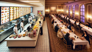 Article de blog, JobXtra.be Une juxtaposition intéressante de services de restauration situés au sein d'un même lieu. D'un côté de l'image, imaginez un comptoir de restauration rapide animé, avec un éclairage vif, des menus colorés et des clients faisant la queue en attendant d'être servis. Le personnel du comptoir, composé de personnes de différents genres, une femme caucasienne et un homme noir, s'affaire à préparer les commandes. En contraste, l'autre moitié de l'image présente un cadre de restaurant traditionnel déployé dans toute sa grandeur. Des tables recouvertes de nappes blanches, desservies par un serveur du Moyen-Orient et une serveuse d'Asie du Sud, accueillent des convives bien habillés sous la douce et chaude lumière des lampes suspendues.