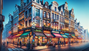 Article de blog, JobXtra.be Un paysage urbain européen mettant en vedette Bruxelles, célèbre pour son architecture distinctive. La scène se déroule dans une rue animée remplie de charmantes devantures de restaurants. Chaque restaurant reflète la riche diversité culturelle de la ville, avec une variété d'influences culinaires exposées. Des façades vibrantes, des auvents animés et une signalétique unique attirent le regard, indiquant une gamme de cuisines du monde entier. Des piétons de différentes origines et de différents genres sont représentés en train d'explorer les délices culinaires du quartier. Ce décor est illuminé sous un ciel bleu clair, ajoutant un contraste fascinant aux environs colorés.