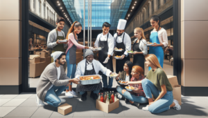 Article de blog, JobXtra.be Un groupe de personnel de restaurant diversifié, comprenant un chef cuisinier hispanique, une serveuse noire, un gérant moyen-oriental et une cuisinière sud-asiatique, travaillent ensemble pour servir de la nourriture à des personnes sans-abri à l'extérieur d'un grand magasin de détail. La scène est réconfortante d'activité, les employés présentant divers plats aux sans-abri, leurs visages illuminés de gratitude. La façade du magasin de détail est clairement visible, avec des fenêtres en verre reflétant cet acte de bonté humaine.