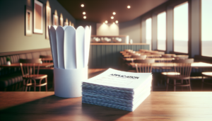 Visualisez une scène de café où une pile de formulaires de candidature pour un emploi dans un restaurant est disposée soigneusement sur une table en bois. Les papiers blancs et nets sont empilés de manière ordonnée, laissant entrevoir les perspectives d'un nouvel emploi. À proximité, l'attention se déplace vers une toque de chef, symbolisant la profession culinaire. La toque de chef est blanche, indiquant la propreté et la passion pour la cuisine. L'arrière-plan est éclairé subtilement, incarnant le calme avant les heures d'affluence du restaurant.