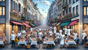 Une rue animée de Bruxelles représentée en plein jour. La rue est ornée de nombreux restaurants, chacun affichant un style architectural unique. Les clients sont vus en train de savourer leurs repas tout en étant plongés dans le rire et la conversation. Éparpillés dans cette scène vivante se trouvent des individus à la recherche d'un emploi, habillés en tenue de chef - manteaux blancs, chapeaux et tabliers. Ces individus représentent une variété d'origines telles que caucasienne, hispanique, noire, moyen-orientale et sud-asiatique. Leurs regards fervents exposent le spectre de la persévérance et de l'aspiration de l'humanité.