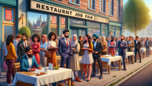 Article de blog, JobXtra.be Une scène animée d'un salon de l'emploi pour un restaurant se tient dans un quartier qui rappelle Molenbeek. Des individus de différentes origines, y compris du Moyen-Orient, hispaniques, noirs, sud-asiatiques et blancs, peuvent être vus faisant la queue, discutant avec enthousiasme entre eux ou répétant silencieusement leurs argumentaires. Les potentiels employés présentent un mélange de genres, certains en tenue formelle, d'autres en vêtements plus décontractés, reflétant une diversité de milieux et de styles personnels. Le personnel du restaurant accueille chaleureusement chaque candidat, créant une atmosphère d'anticipation et d'excitation. L'environnement est animé mais professionnel, rendu avec un réalisme méticuleux capturant les émotions nuancées et les interactions.