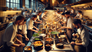 Une scène animée de cuisine se déroule dans un restaurant situé à Schaerbeek. On y voit une panoplie d'actions culinaires, des chefs de différents genres et origines, y compris caucasiens, moyen-orientaux et noirs, tous absorbés par leurs tâches. L'air vibre avec le grésillement des aliments en cuisson, le cliquetis des casseroles et des poêles, et l'étincelle occasionnelle provenant de la cuisinière. Des teintes chaudes de lumières dorées se reflètent sur les surfaces en acier inoxydable poli. Dans un coin, un chef coupe soigneusement des légumes, tandis qu'un autre décore artistiquement un plat magnifiquement dressé prêt pour le service.