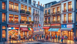 Dépeignez une scène d'un quartier animé de la ville de Bruxelles, en Belgique. Mettez en lumière la diversité culturelle à travers une variété de devantures de restaurants. Chacun présente la cuisine d'une culture différente, comme une trattoria italienne, un bistro français, un tandoori indien, une taverne grecque et un sushi japonais. C'est une scène animée avec des clients de tous âges et de tous sexes, issus de diverses origines telles que hispanique, africaine, moyen-orientale, caucasienne et sud-asiatique, se croisant dans la rue. L'image doit être rendue dans un style réaliste.