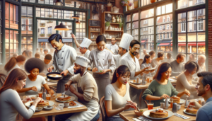 Article de blog, JobXtra.be Une scène animée de restaurant située à Bruxelles, en Belgique. Les chefs et le personnel de salle s'affairent à leurs différentes tâches. Une cheffe asiatique retourne habilement une crêpe, un sous-chef noir prépare consciencieusement les ingrédients. Le personnel de salle, composé d'une femme hispanique qui prend les commandes des clients et d'un homme du Moyen-Orient qui sert la nourriture, fonctionne comme une équipe efficace. Des clients de diverses ethnies savourent leurs repas dans l'ambiance chaleureuse et accueillante du restaurant.