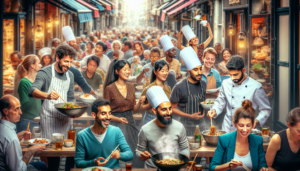 Article de blog, JobXtra.be Scène culinaire animée située dans le quartier vibrant d'Ixelles, débordant d'un assortiment de personnes. Imaginez une variété d'individus en tenue professionnelle de chef et de personnel de salle, exerçant leur métier avec diligence. Parmi eux, une chef cuisinière d'origine est-asiatique lance énergiquement des ingrédients dans un wok crépitant ; un serveur du Moyen-Orient équilibre soigneusement un plateau rempli d'assiettes et de tasses fumantes, servant une table de clients impatients. Les bavardages en arrière-plan et le bruit ambiant remplissent l'air, s'harmonisant avec l'arôme de cuisines diverses. Les visages des clients, un mélange coloré de différents genres et origines, expriment la joie alors qu'ils attendent leurs commandes avec impatience.