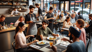 Une scène de restaurant animée dans le quartier d'Ixelles. Plusieurs membres du personnel sont présents : une serveuse hispanique porte un plateau de boissons à une table, un serveur asiatique prend la commande d'un couple du Moyen-Orient, et une cheffe caucasienne est visible en train de préparer des plats dans la cuisine ouverte. Des clients noirs, sud-asiatiques et blancs sont assis à différentes tables, engagés dans des conversations, savourant leurs repas et l'atmosphère animée.