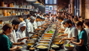 Une cuisine de restaurant animée dans le quartier de Molenbeek, à Bruxelles. Des chefs de diverses origines, tels que noire, hispanique et moyen-orientale, préparent attentivement un éventail de plats. On y voit des ingrédients distincts issus de leurs différentes traditions culinaires. Des serveurs de différents genres et ethnies, comme caucasiens et sud-asiatiques, se livrent à une danse rapide pour servir les plats aux clients impatients. L'aura d'harmonie au milieu de la diversité est tout à fait palpable dans cette image.