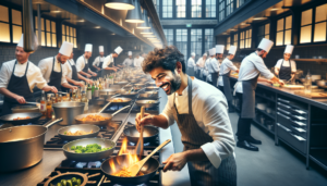 Article de blog, JobXtra.be Un aperçu de l'intérieur d'une cuisine de restaurant animée située à Schaerbeek. Le point central de l'image est un chef talentueux d'origine sud-asiatique. Il prépare avec enthousiasme et passion un plat alléchant qui donne l'eau à la bouche. L'arôme scintillant émanant des poêles qui crépitent est presque perceptible. Autour de lui, on observe une foule de professionnels de la cuisine de diverses origines et de différents genres, absorbés avec sérieux dans leurs tâches respectives. L'excitation, l'agitation et le travail d'équipe fluide caractérisent l'atmosphère de cette cuisine moderne et efficace.