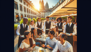 Un groupe hétérogène de serveurs en tenue professionnelle s'affairent sur la terrasse lumineuse d'un restaurant situé à Uccle. Ils s'occupent de clients joyeux qui profitent de leurs repas sous un soleil éclatant. L'équipe de service comprend une femme noire, un homme hispanique, un homme du Moyen-Orient, une femme d'Asie du Sud et un homme caucasien. Le groupe de clients satisfaits est composé de personnes de différents genres et origines, telles qu'une femme blanche, une femme hispanique, un homme noir et une femme du Moyen-Orient, tous engagés dans des conversations animées et échangeant des amabilités.