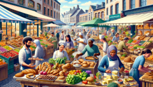 Article de blog, JobXtra.be Une scène revitalisée du quartier de Molenbeek, bourdonnante d'énergie et de vie. Un marché alimentaire animé occupe le devant de la scène, avec une multitude de stands proposant tout, des fruits et légumes aux spécialités locales et à la cuisine internationale. On voit diverses personnes s'engager dans leur travail, offrant un large éventail de carrières culinaires. Une femme du Moyen-Orient arrange habilement des pains artisanaux à son étal de boulangerie, un homme noir grille expertement de la viande à un stand de barbecue, une femme caucasienne vend des produits locaux frais et un homme hispanique présente un assortiment de fromages à son coin fromager. La zone dégage un charme magnétique, signalant des opportunités d'emploi diversifiées et florissantes dans les arts culinaires.