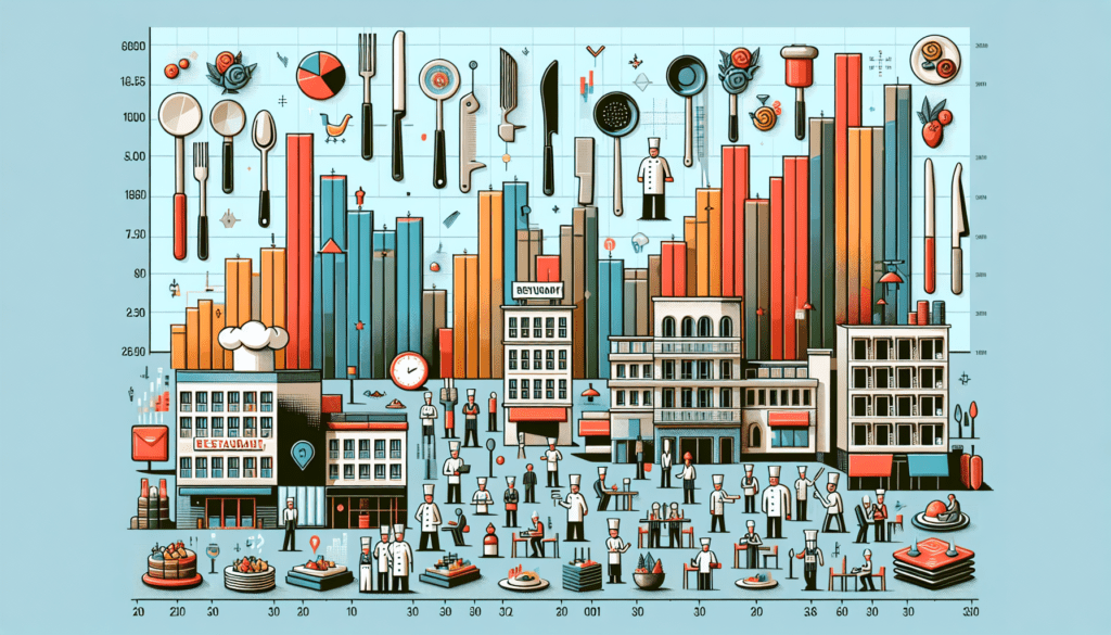 Une infographie représentant le marché du travail dans la restauration à Ixelles, en Belgique. Elle comprend un graphique à barres comparant le nombre d'emplois disponibles dans différents rôles au sein des restaurants, tels que les chefs, le personnel de salle et les gestionnaires, répartis sur une période donnée. Différentes icônes liées au secteur, comme des images de bâtiments de restaurants, de couverts et de toques de chef, signalent les sections du marché du travail. Le graphique est très détaillé, chaque barre représentant un rôle d'emploi différent dans la restauration.