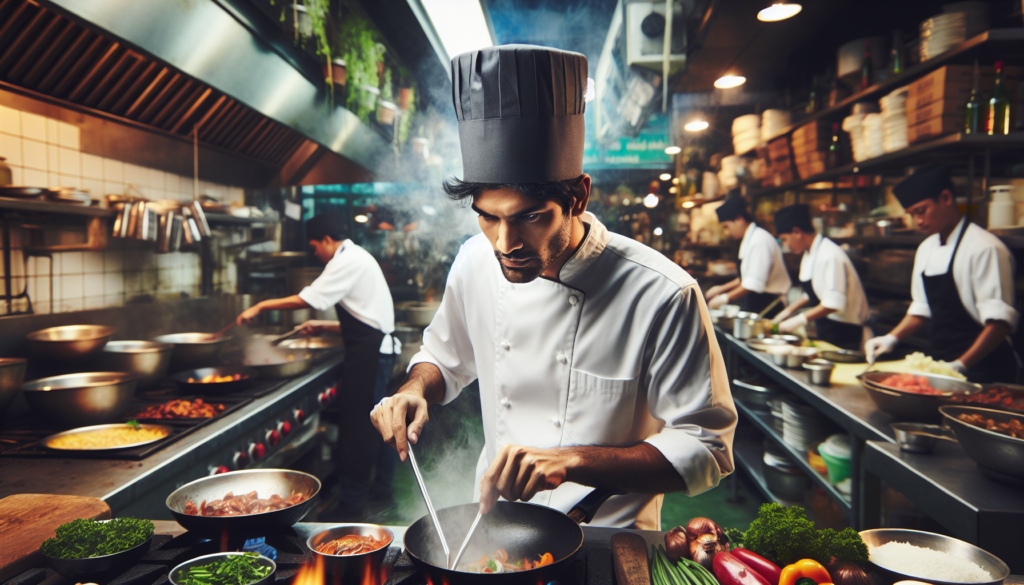 Boostez votre établissement Horeca à Jette : publiez vos offres sur Jobxtra !, JobXtra.be Une image mettant en scène un chef cuisinier sud-asiatique déterminé dans l'environnement dynamique d'une cuisine de restaurant animée. Il est absorbé par le processus de préparation d'un plat gastronomique, entouré d'une gamme de poêles qui crépitent et d'ingrédients frais. Sa toque de chef est légèrement de travers sur sa tête, signifiant sa profession. De subtiles volutes de vapeur s'élèvent du plat sur lequel il travaille, révélant son intensité aromatique. La cuisine en arrière-plan est un mélange de mouvements effrénés, avec des ustensiles qui s'entrechoquent et du personnel qui s'affaire, contribuant à l'essence d'un établissement culinaire animé.