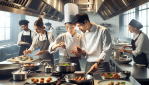 Article de blog, JobXtra.be Une cheffe d'origine est-asiatique et un sous-chef masculin du Moyen-Orient démontrent activement leurs compétences culinaires exquises dans la cuisine animée d'un restaurant. Autour d'eux, une serveuse hispanique et un serveur caucasien servent la nourriture avec une attention minutieuse. L'ambiance est remplie de l'arôme délicieux de la nourriture en cuisson, et le cliquetis des ustensiles fournit une bande sonore constante. L'ameublement et l'agencement de la cuisine impliquent qu'il s'agit d'un espace professionnel, équipé d'appareils en acier inoxydable et d'une mise en place bien organisée. La scène capture parfaitement le dévouement et l'effort nécessaires pour faire fonctionner un restaurant avec succès.