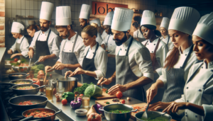 Article de blog, JobXtra.be Une cuisine de restaurant active et animée. Un groupe de chefs de diverses origines et de différents sexes est présent, incluant une chef caucasienne, un chef hispanique masculin et une chef noire. Chacun d'entre eux est absorbé par ses tâches, coupant des légumes, remuant des marmites et dressant de délicieux plats. L'atmosphère est dynamique, remplie des sons et des images de la cuisine. Sur le mur, on voit bien un panneau Jobxtra en évidence, dont les couleurs se marient bien avec l'ambiance générale de la cuisine.