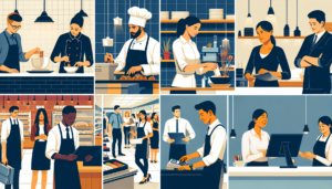 Article de blog, JobXtra.be Un large éventail d'employés, collaborant en équipe dans un cadre professionnel. La première scène se déroule dans un restaurant, où un chef cuisinier masculin caucasien prépare consciencieusement des plats, une serveuse moyen-orientale sert les clients, et un manager masculin d'origine sud-asiatique supervise les opérations. La seconde scène présente un magasin de détail, avec une caissière noire en train d'enregistrer les achats, un réapprovisionneur masculin hispanique qui remplit les étagères, et une manager de magasin d'origine est-asiatique qui supervise les activités.