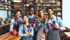 Article de blog, JobXtra.be Un groupe de collègues joyeux et multiculturel est rassemblé dans le cadre dynamique d'un café contemporain et d'un magasin de détail attenant. Chaque individu arbore fièrement son propre ruban de récompense, témoignage de son travail acharné et de son dévouement. L'équipe est composée d'une femme hispanique, d'un homme noir, d'une femme d'Asie du Sud et d'un homme caucasien, leurs visages rayonnant de fierté et de camaraderie. Le café dégage une ambiance décontractée et sophistiquée avec son mobilier élégant et moderne. Le magasin de détail jouxtant le café est tout aussi stylé et regorge de divers biens et marchandises.