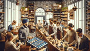 Article de blog, JobXtra.be Une fusion de scènes dépeignant un café belge authentique et un magasin de détail. Dans ce cadre, divers individus montrent leur compétence en service client et en compétences numériques. Un barista masculin du Moyen-Orient est vu en train d'interagir poliment avec les clients, prenant des commandes sur un appareil à écran tactile. À proximité, une travailleuse d'origine sud-asiatique aide les clients dans la section de vente au détail, en scannant rapidement les articles à l'aide d'un lecteur de code-barres. Une vue détaillée de l'intérieur, avec la douce lumière du café et les produits de vente au détail soigneusement empilés, ajoute à l'ambiance. Cette image capture non seulement leurs compétences professionnelles, mais aussi l'atmosphère agréable et efficace de tels espaces publics.