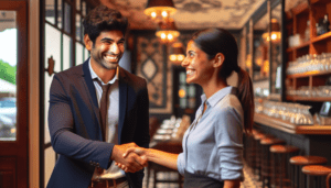 Article de blog, JobXtra.be Un homme d'origine sud-asiatique, vêtu d'une tenue de travail décontractée, serre la main d'une femme hispanique, qui est la directrice d'un restaurant à Uccle. L'expression sur leurs visages suggère qu'ils sont en plein milieu d'une scène d'acceptation d'emploi. La femme affiche un sourire joyeux alors qu'elle accueille son nouvel employé, et l'homme semble soulagé et excité alors qu'il sécurise sa nouvelle position. L'ambiance du restaurant reflète un cadre confortable et accueillant avec un intérieur joliment décoré et un éclairage chaleureux.