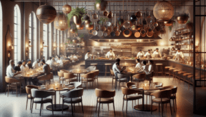 Article de blog, JobXtra.be Un intérieur de restaurant unique. La salle à manger présente un agencement éclectique de sièges disposés de manière harmonieuse. Un éclairage doux et subtil rehausse l'ambiance tandis qu'une grande variété de plantes suspendues apporte une sensation de vivacité. Il y a une grande cuisine ouverte bien en vue des clients, grouillante d'activité. Des chefs de différentes origines, caucasiens, noirs, hispaniques, moyen-orientaux et sud-asiatiques, hommes et femmes, peuvent être vus en train de travailler intensément sur leurs plats signatures. Les casseroles et les poêles tintent et crépitent, tandis que des arômes se répandent dans la pièce, ajoutant à l'expérience culinaire globale.