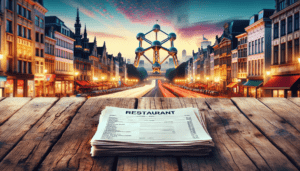 Article de blog, JobXtra.be Imaginez une pile de candidatures pour un emploi dans un restaurant, soigneusement disposées sur une vieille table en bois usée. La table est placée sur fond de paysage urbain dynamique de Bruxelles, la capitale de la Belgique, avec ses monuments célèbres comme l'Atomium et le Grand-Place. Le paysage urbain bourdonne de l'agitation de la vie de la ville, des lumières éclatantes et du mouvement des gens et des véhicules sur fond de coucher de soleil. Des détails comme la texture du bois, le texte soigneusement tapé sur les CV et la profondeur du paysage urbain devraient être évidents.