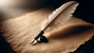 Article de blog, JobXtra.be Un porte-plume délicatement façonné, contenant un réservoir d'encre près de la pointe, typiquement observé au 18ème siècle, repose avec élégance sur un morceau de papier parchemin vierge. La lumière rebondit doucement sur la partie plumée du porte-plume, ajoutant une touche de majestuosité à la scène. Le papier parchemin a l'air ancien, de couleur beige uniforme avec une touche de texture douce révélant sa haute qualité. L'atmosphère suggère une période de contemplation tranquille, le calme avant que la tempête de créativité ne se déploie sur cette toile vierge.