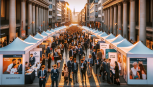 Article de blog, JobXtra.be Une rue animée de Bruxelles, ornée de stands de salon de l'emploi dédiés aux secteurs de l'hôtellerie et du commerce de détail. Il y a une variété de styles de stands pour attirer le regard, représentant différentes entreprises et opportunités d'emploi. Des personnes de genres et d'origines variés, telles que caucasiennes, asiatiques et noires, naviguent avec intérêt dans le salon. Des hommes et des femmes en tenue professionnelle s'engagent avec enthousiasme auprès des employeurs potentiels. Les teintes dorées du soleil couchant projettent de longues ombres, donnant à la scène une tonalité chaude et vibrante.