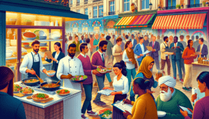 Article de blog, JobXtra.be Une scène animée de la ville de Bruxelles, où se rassemblent des clients et des travailleurs de restaurant venant de différentes parties du monde. Un chef cuisinier sud-asiatique prépare des plats aromatiques dans la cuisine, une serveuse noire se faufile rapidement à travers la foule avec des plateaux de nourriture, un homme du Moyen-Orient lave la vaisselle à l'arrière, et une femme caucasienne accueille les clients à l'entrée. De plus, un mélange de demandeurs d'emploi de différents genres et origines - Hispaniques, Noirs, Moyen-Orientaux, Caucasiens, Sud-Asiatiques - est également présent, certains passant des entretiens avec les gérants du restaurant, d'autres remplissant des candidatures ou attendant en ligne.