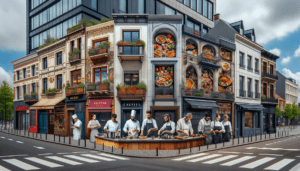 Article de blog, JobXtra.be Un carrefour animé dans la zone urbaine d'Ixelles, mettant en valeur un éventail vibrant de restaurants. Les extérieurs de ces établissements affichent une variété d'éléments architecturaux et de design uniques, symbolisant la diversité des cuisines proposées. Des chefs de différentes origines, tels que caucasiens, sud-asiatiques, hispaniques et noirs, sont visibles à travers leurs cuisines à panneaux de verre. Ces experts culinaires, hommes et femmes, sont complètement absorbés par leurs tâches, préparant des plats alléchants alors que la vie citadine s'agite autour d'eux.