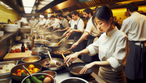 Article de blog, JobXtra.be Une image d'une chef cuisinière asiatique préparant avec diligence divers plats dans une cuisine animée située à Bruxelles, en Belgique. Ses mains bougent avec habileté, révélant son expertise. L'environnement de la cuisine déborde de l'agitation des membres du personnel diversifié. Des casseroles et des poêles s'entrechoquent, des produits frais jonchent le comptoir et le riche arôme de la nourriture en cuisson emplit l'air, symbolisant l'atmosphère énergique typiquement trouvée dans la cuisine d'un restaurant haut de gamme. L'arrière-plan est un mélange de tons jaunes chauds et de teintes terreuses reflétant l'ambiance traditionnelle de la cuisine.