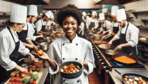 Article de blog, JobXtra.be Une cheffe noire présente fièrement un plat magnifiquement préparé dans la cuisine animée d'un restaurant traditionnel belge situé à Schaerbeek. Elle porte une veste de chef et une toque. Autour d'elle, un melting-pot de cuisiniers de diverses origines et de différents sexes s'affairent à préparer d'autres plats, créant une scène animée mais harmonieuse. Les casseroles et les poêles crépitent, les aliments sont hachés et l'air est empli d'un mélange d'arômes alléchants.