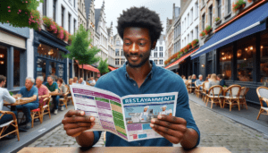 Article de blog, JobXtra.be Un chercheur d'emploi afro-américain consulte avec enthousiasme un guide d'emploi détaillé et spécifique aux restaurants dans le quartier animé de Schaerbeek, à Bruxelles. Le guide est rempli d'annonces, de schémas colorés et de conseils importants. Les environs présentent une charmante architecture belge, des rues pavées et des cafés animés où des clients de diverses origines et de différents sexes savourent leurs repas.