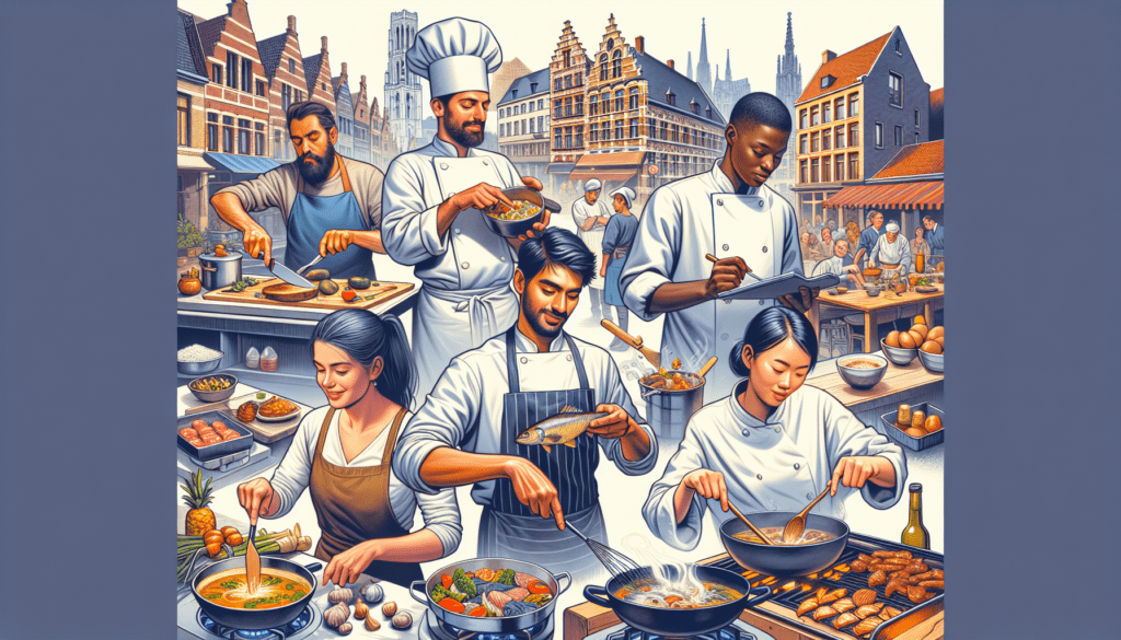 Boostez votre établissement horeca : publiez votre offre d'emploi à Molenbeek sur Jobxtra, JobXtra.be Une cuisine animée remplie de différents arômes située à Molenbeek, une commune dynamique de Bruxelles. La scène présente quatre chefs, chacun absorbé par ses tâches. Une chef caucasienne coupe méticuleusement des légumes, un chef hispanique mijote un pot de soupe délicieuse, une chef noire grille des morceaux de viande succulents, tandis qu'un chef asiatique désosse un poisson avec une dextérité qui témoigne de ses compétences culinaires. De plus, un personnel de salle multiethnique, comprenant un homme du Moyen-Orient et une femme blanche, équilibre des plateaux, s'occupant rapidement des clients, servant des plats chauds et appétissants préparés par les chefs.