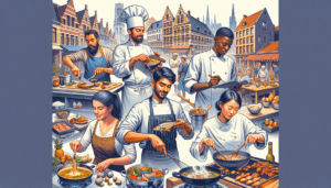 Article de blog, JobXtra.be Une cuisine animée remplie de différents arômes située à Molenbeek, une commune dynamique de Bruxelles. La scène présente quatre chefs, chacun absorbé par ses tâches. Une chef caucasienne coupe méticuleusement des légumes, un chef hispanique mijote un pot de soupe délicieuse, une chef noire grille des morceaux de viande succulents, tandis qu'un chef asiatique désosse un poisson avec une dextérité qui témoigne de ses compétences culinaires. De plus, un personnel de salle multiethnique, comprenant un homme du Moyen-Orient et une femme blanche, équilibre des plateaux, s'occupant rapidement des clients, servant des plats chauds et appétissants préparés par les chefs.